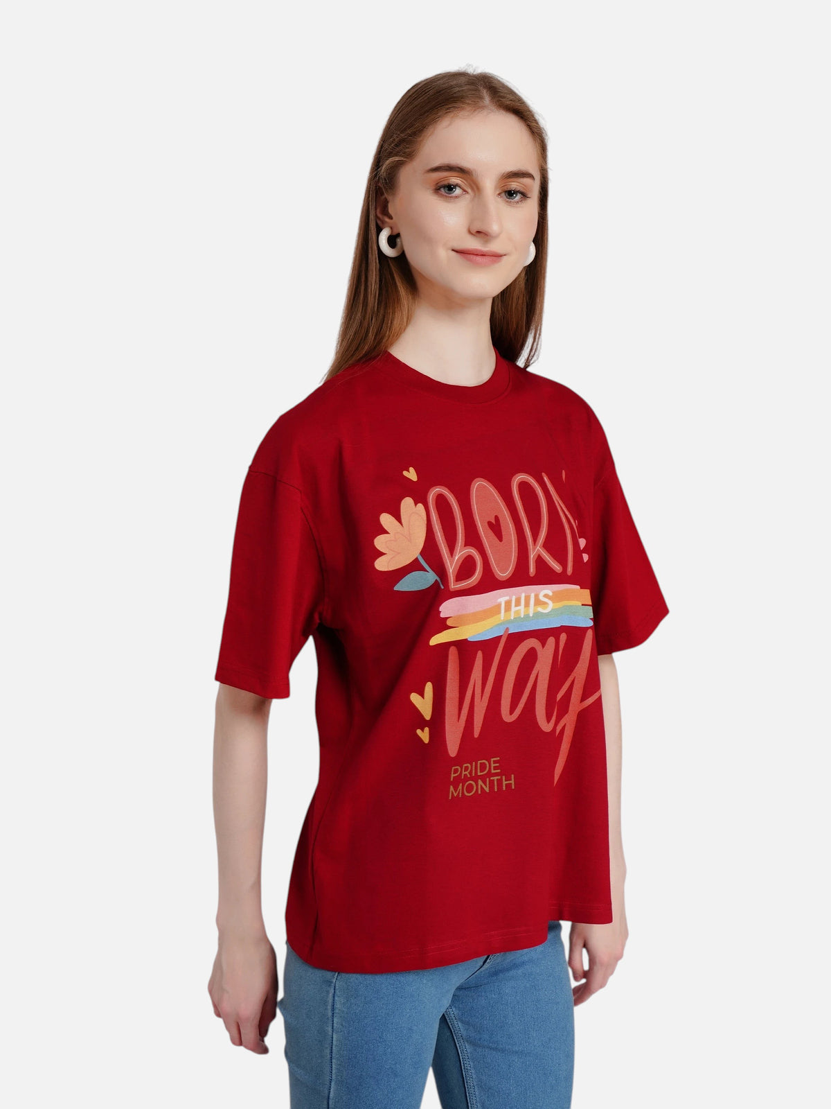 Model wearing an enaay.com maroon oversized cotton t-shirt with Born This Way Pride Month graphic print
