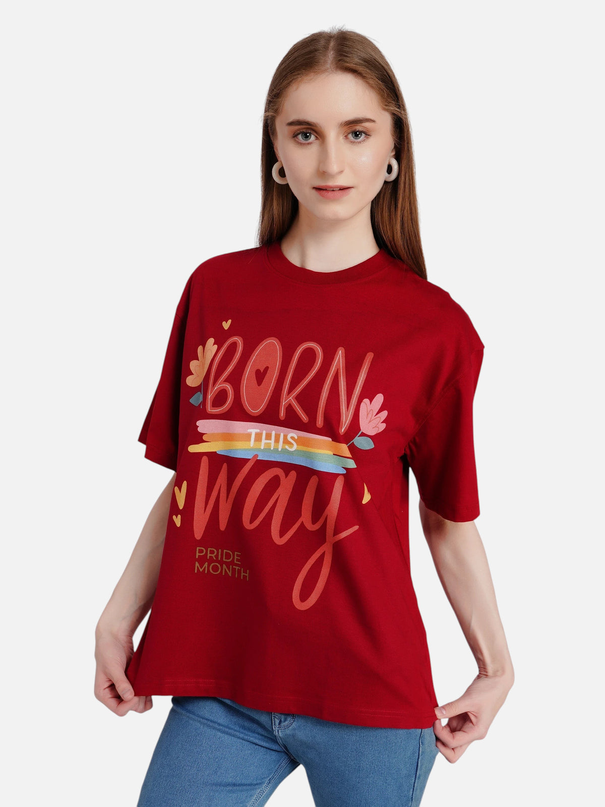 Model wearing an enaay.com maroon oversized cotton t-shirt with a Born This Way Pride Month graphic print