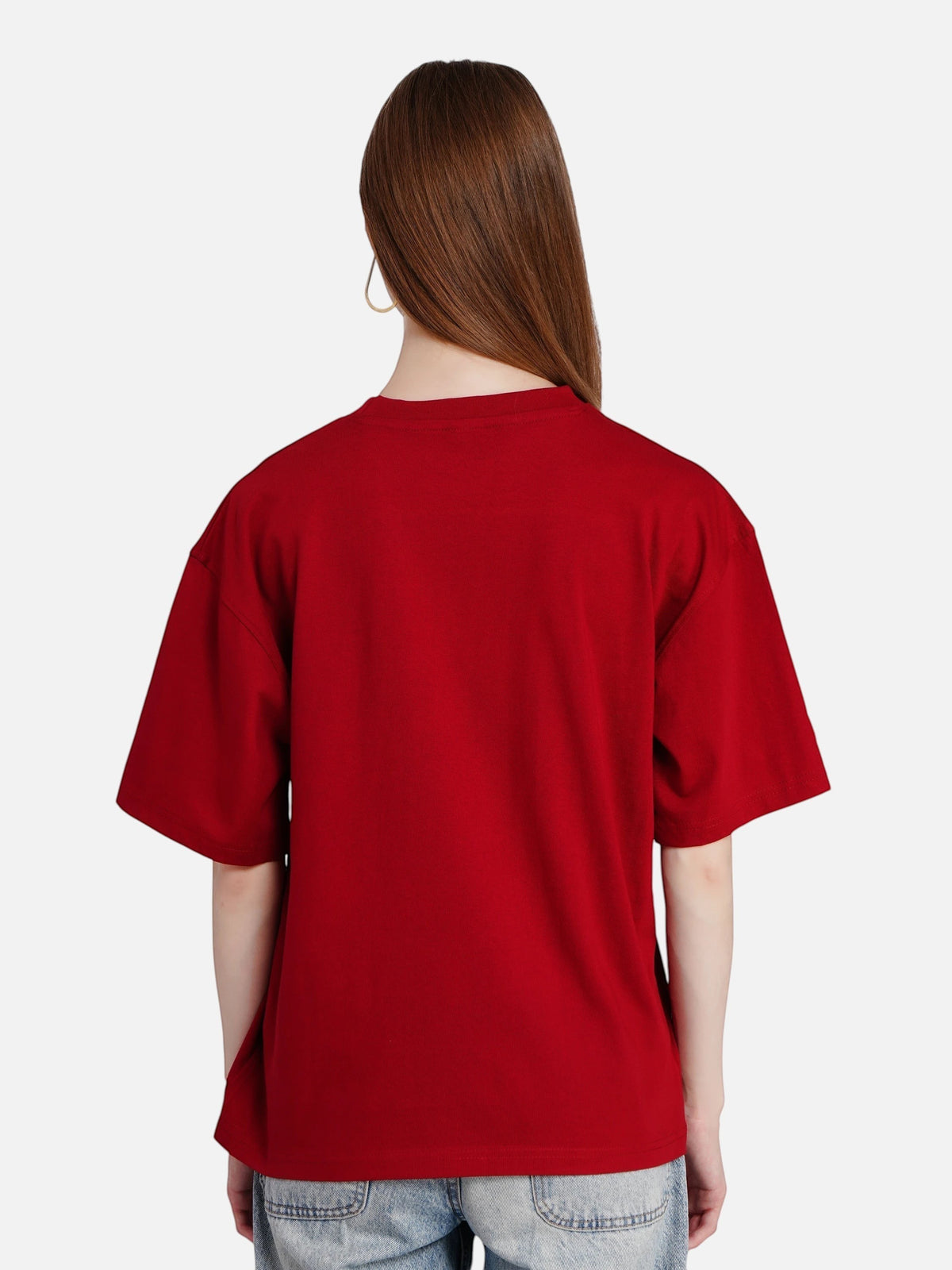 enaay.com maroon relaxed fit cotton t-shirt worn by a woman, back view showing round neck and short sleeves