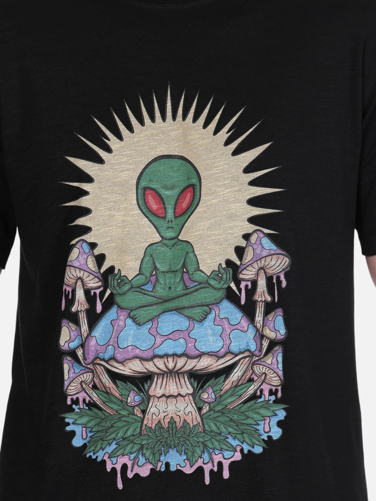 enaay.com black cotton t-shirt featuring a psychedelic meditating alien on a mushroom graphic with a sun halo