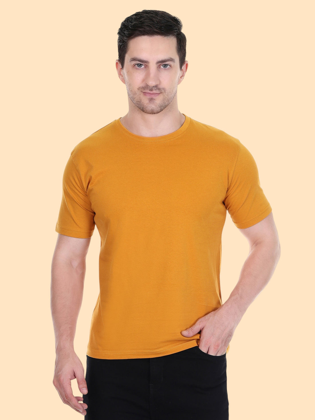 Back view of an enaay.com mustard yellow slim fit t-shirt featuring a Chess Is Life graphic print with a cityscape.