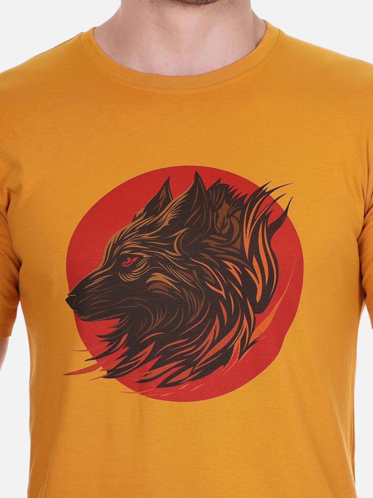 enaay.com mustard yellow cotton t-shirt featuring a dark wolf head graphic print on a red circular background