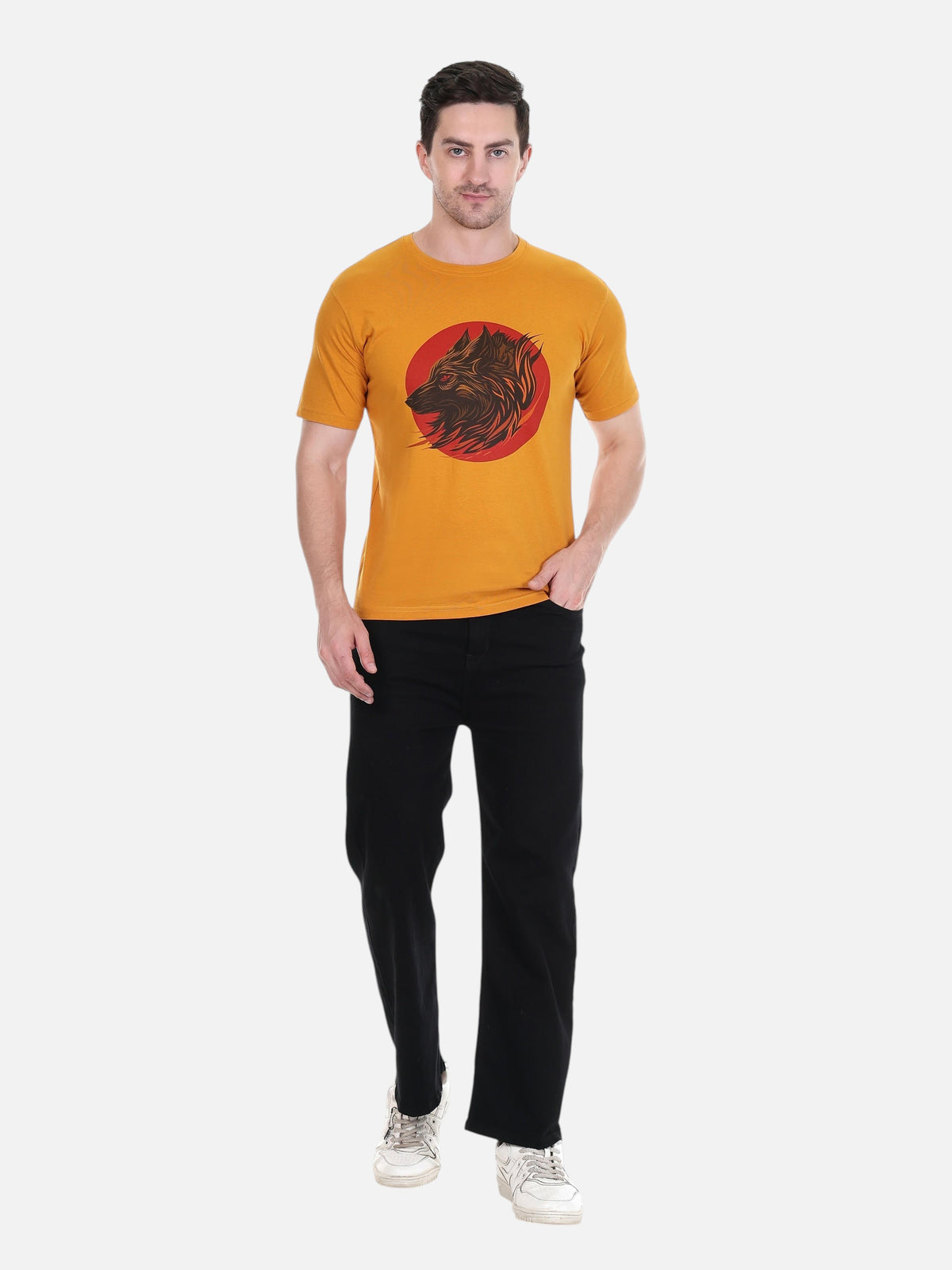 enaay.com mustard yellow cotton t-shirt with wolf graphic print worn by a man with black jeans