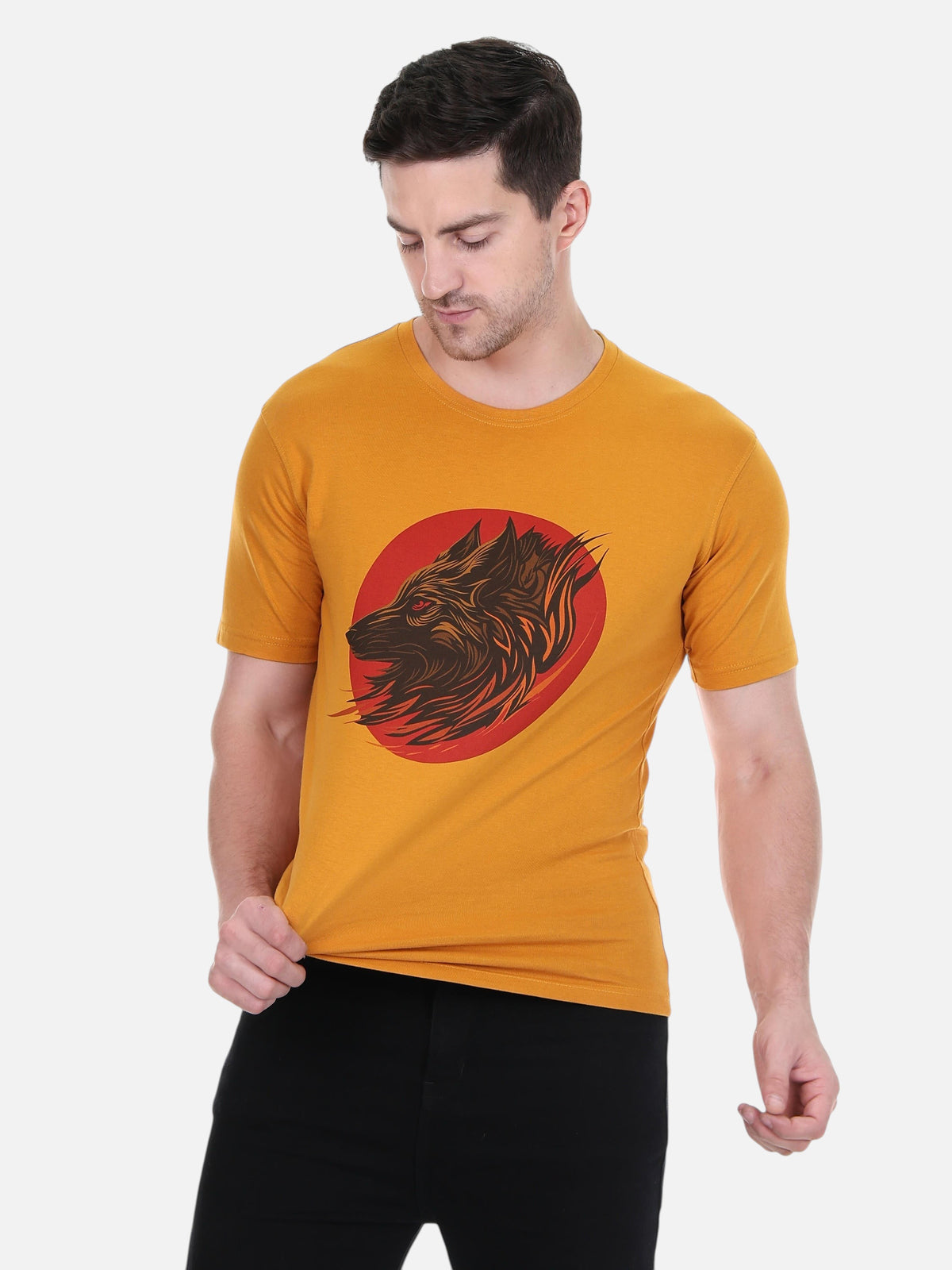 Model wearing an enaay.com mustard yellow cotton t-shirt with a dark wolf graphic print on a red circular background