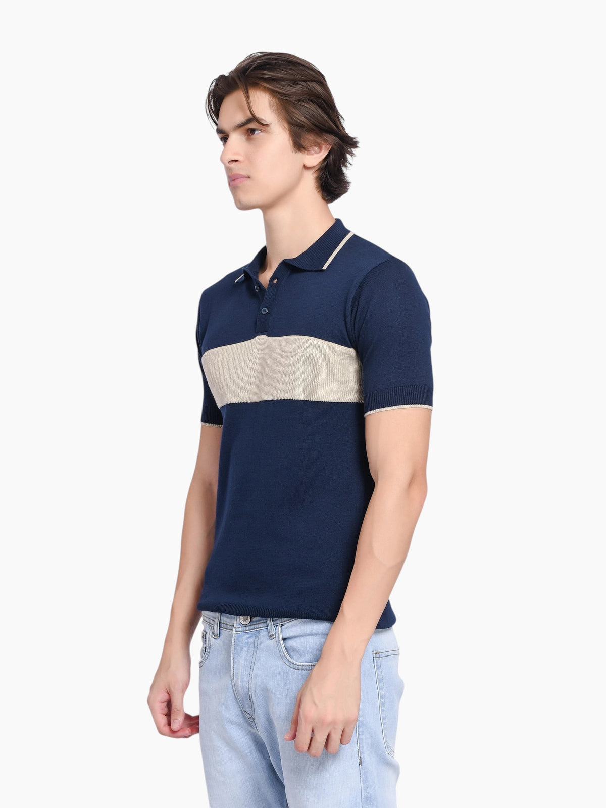 enaay.com men's navy blue knit polo shirt with a beige horizontal chest stripe, tipped collar, and ribbed cuffs.