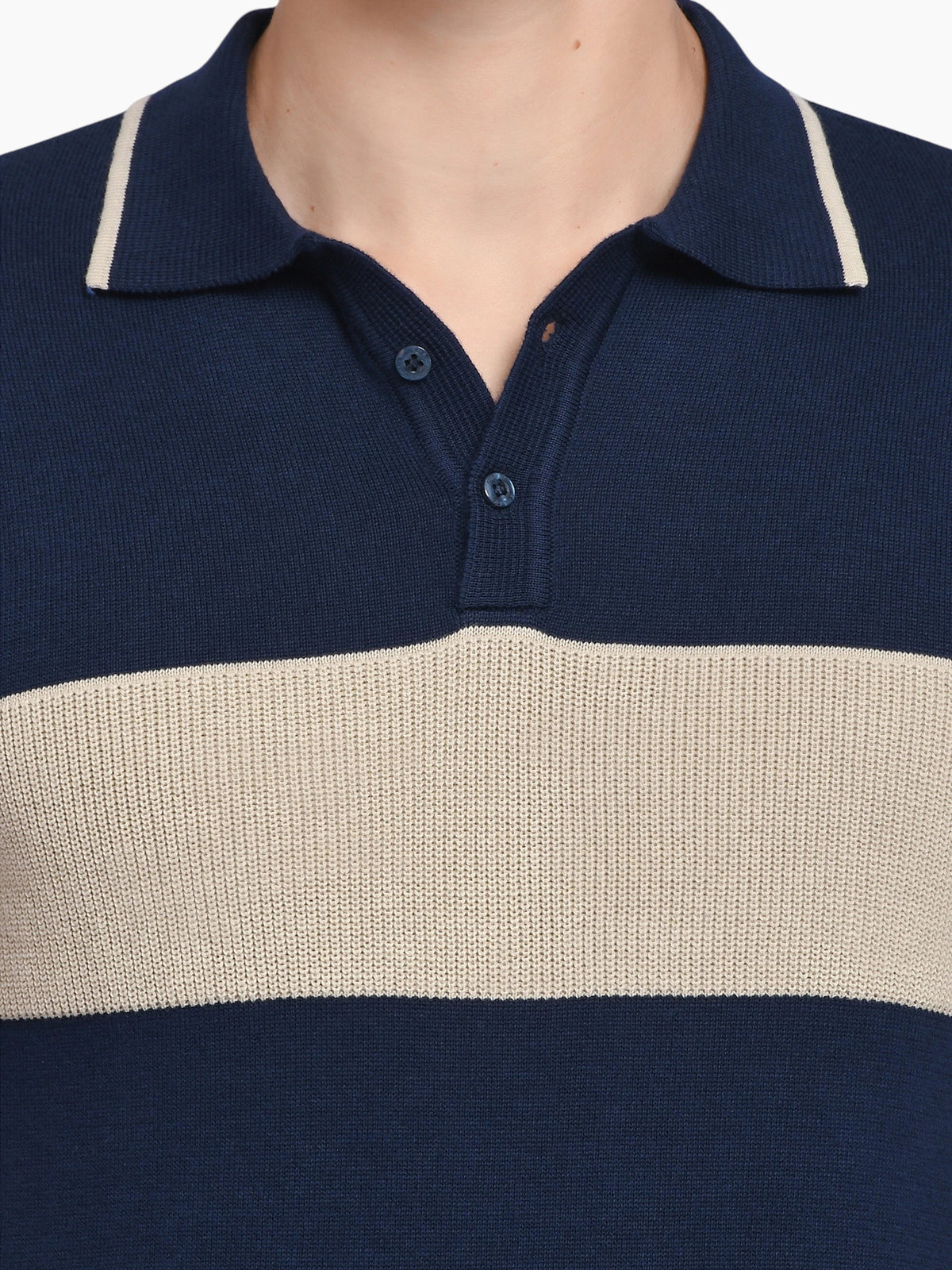 enaay.com navy blue cotton knit polo shirt with a beige chest stripe and tipped collar detail