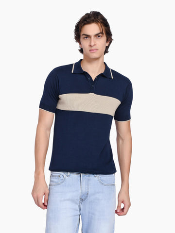 enaay.com men's navy blue cotton knit polo shirt with a beige chest stripe, tipped collar, and ribbed cuffs.