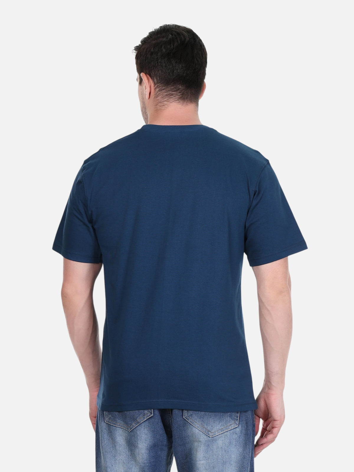 Back view of a man wearing an enaay.com navy blue cotton t-shirt with a round neck and regular fit