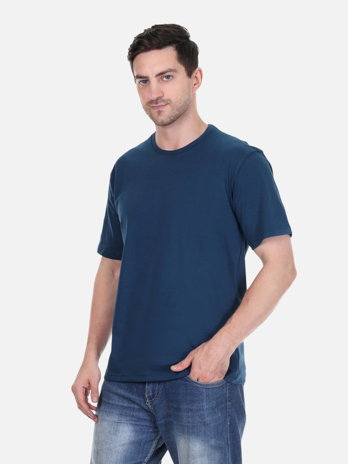 Model wearing an enaay.com navy blue premium cotton round neck t-shirt with a regular fit and solid design