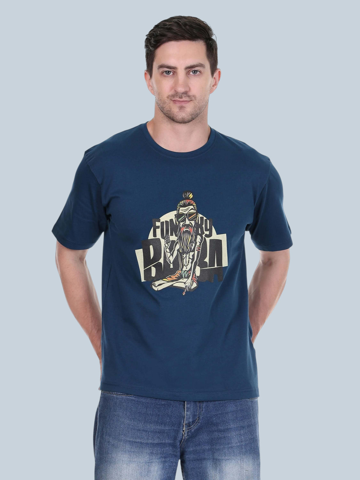 enaay.com men's navy blue premium cotton round neck t-shirt with a Funky Baba graphic print on the chest