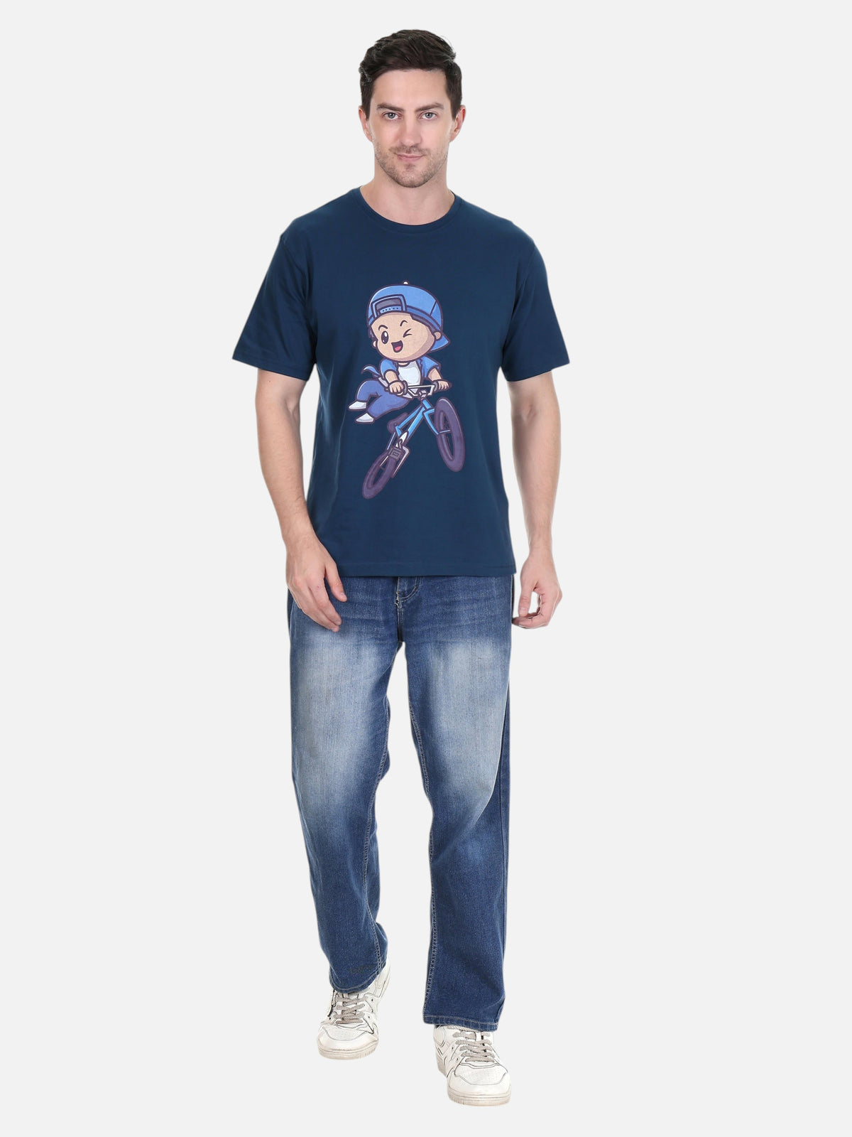 Model wearing an enaay.com navy blue cotton graphic t-shirt featuring a cartoon character riding a bicycle