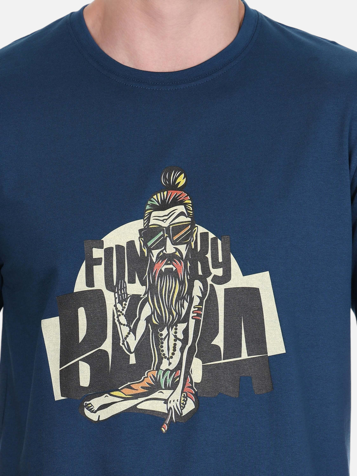 enaay.com navy blue premium cotton round neck t-shirt featuring a colourful Funky Baba graphic print on the chest