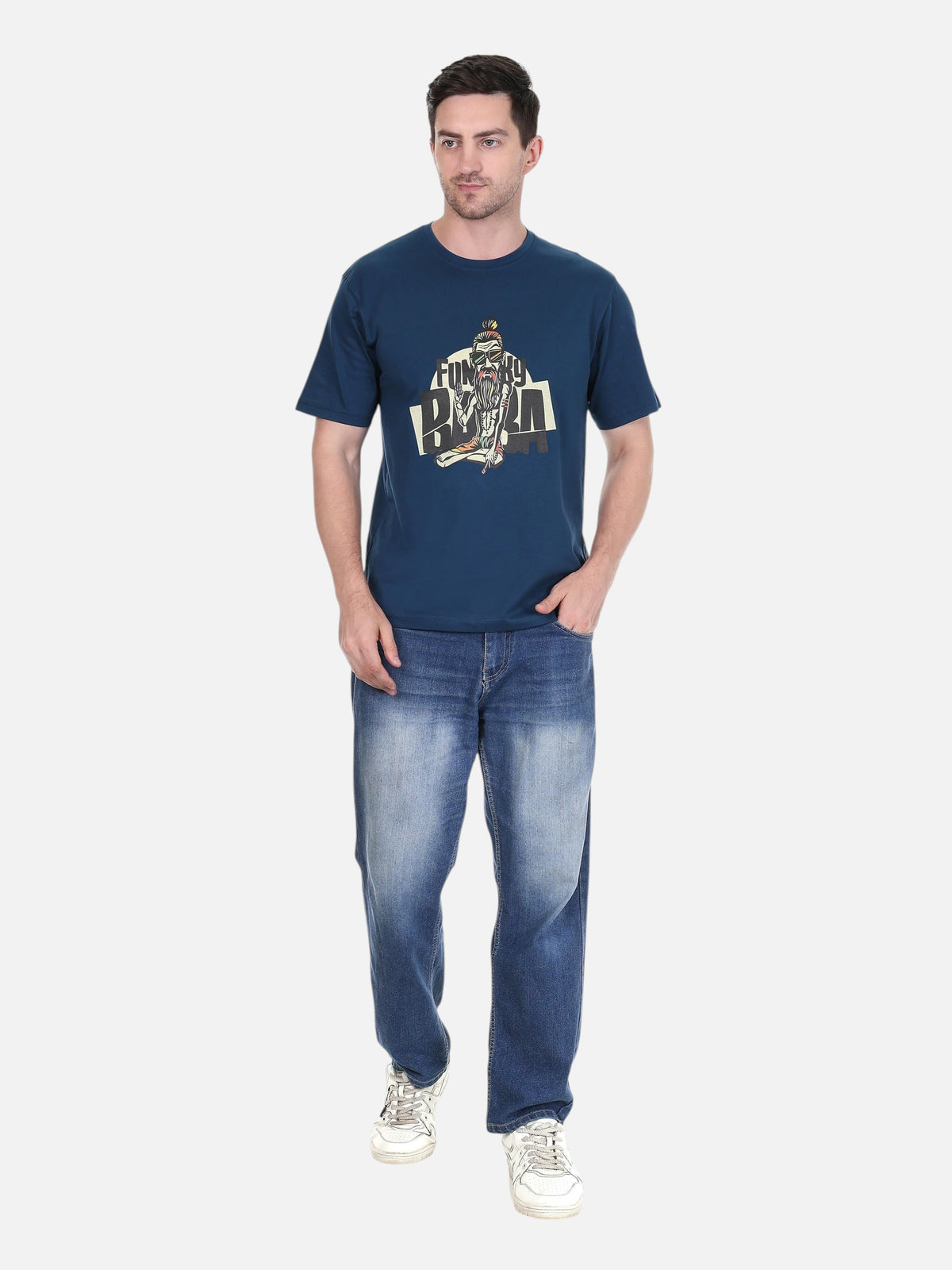 Model wearing an enaay.com navy blue premium cotton round neck t-shirt with a Funky Baba graphic print