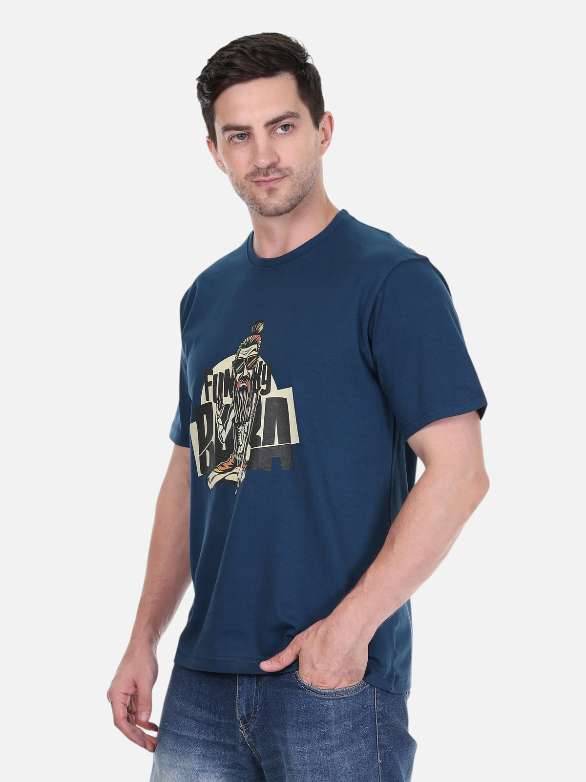 Model wearing an enaay.com navy blue round neck t-shirt with a Funky Baba graphic print in premium cotton
