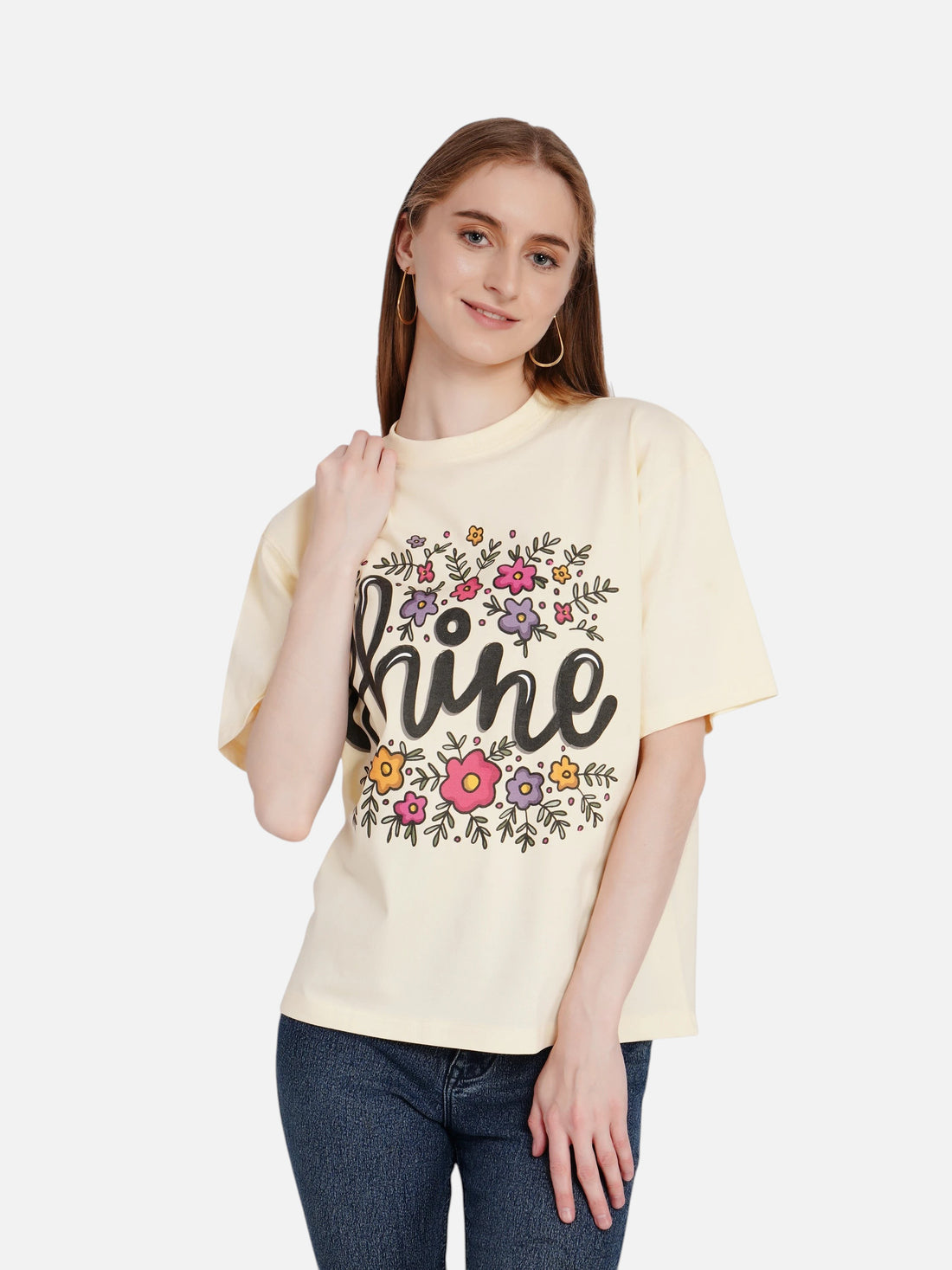 enaay.com women's off-white oversized cotton t-shirt featuring a Shine floral graphic print and round neckline
