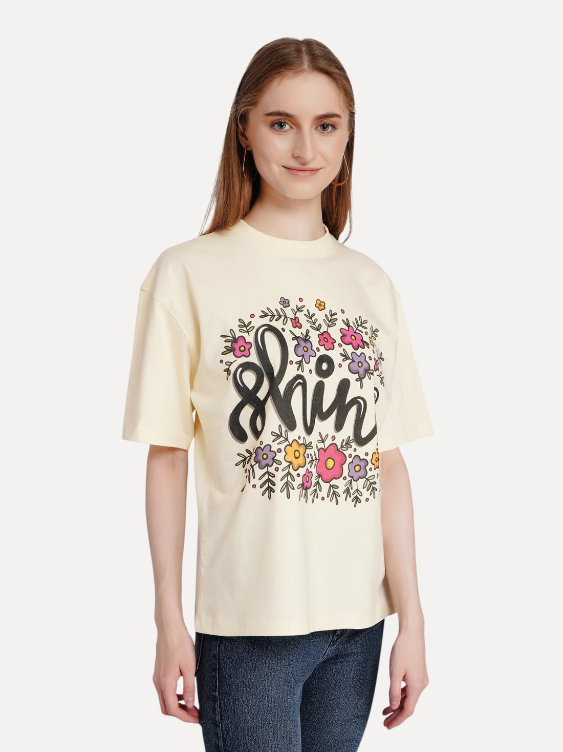 enaay.com women's off-white oversized cotton t-shirt featuring a Shine floral graphic print and round neckline