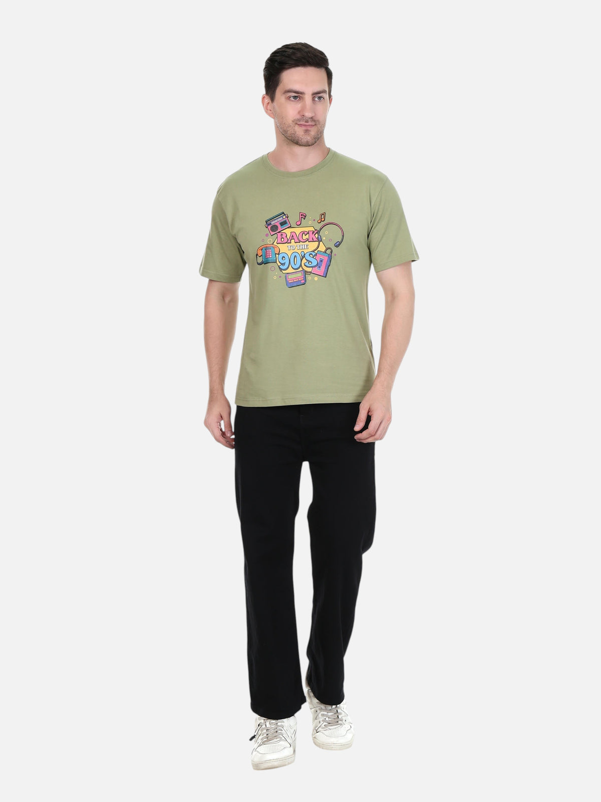 Model wearing an enaay.com olive green cotton t-shirt with a colourful 90s retro boombox and cassette graphic print