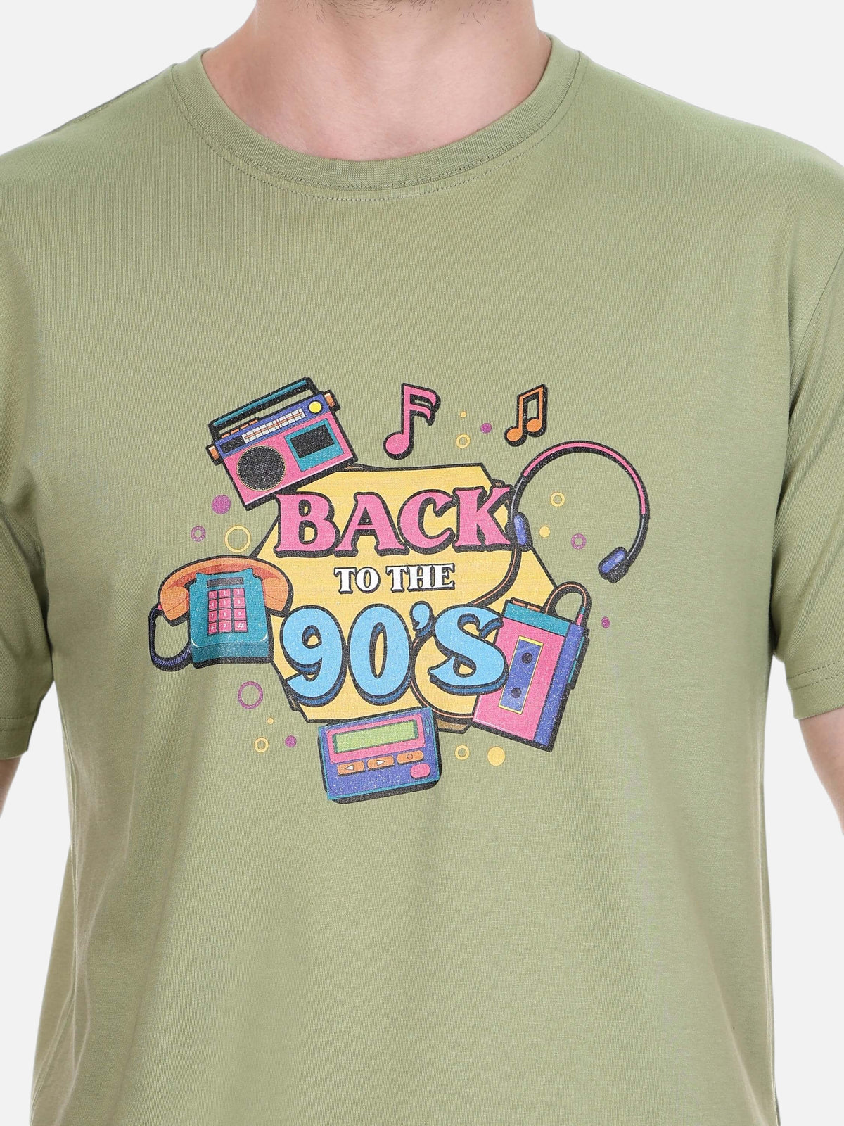 enaay.com olive green cotton crew neck t-shirt featuring a colourful 90s retro boombox and cassette graphic print