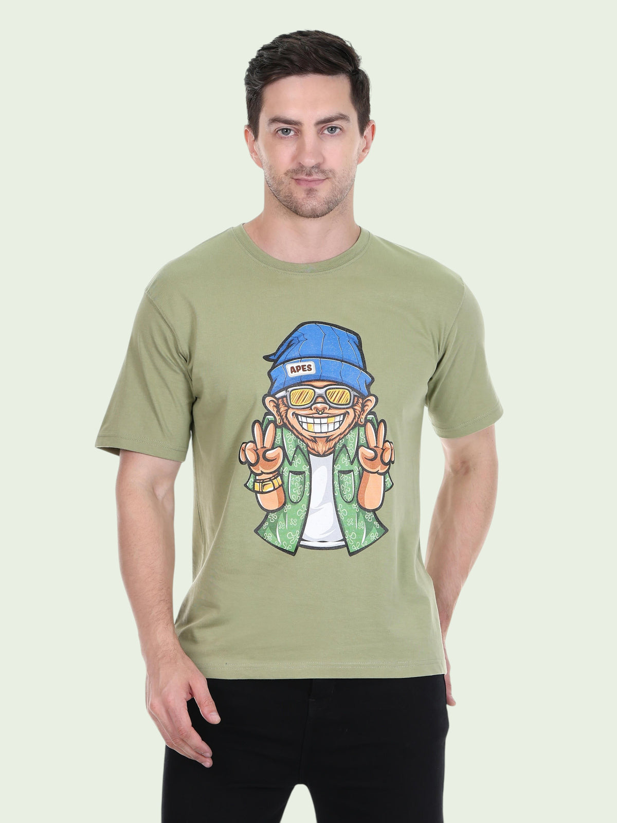 enaay.com olive green cotton crew neck t-shirt featuring a colourful graphic print of a swag ape giving peace signs