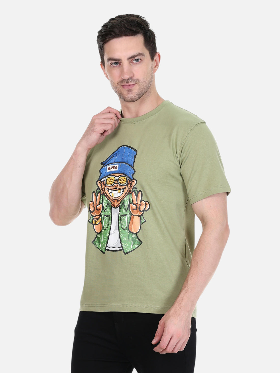 enaay.com olive green cotton crew neck t-shirt featuring a colourful graphic print of a swag ape giving peace signs