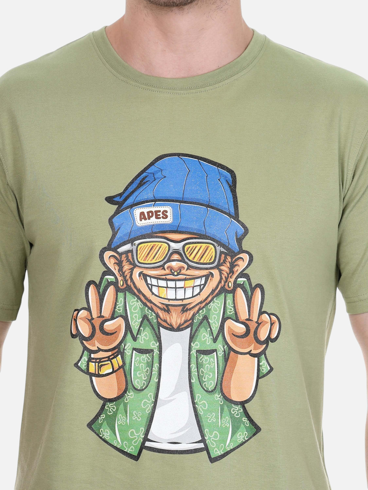 enaay.com olive green cotton t-shirt with a colourful graphic print of a swag ape making peace signs