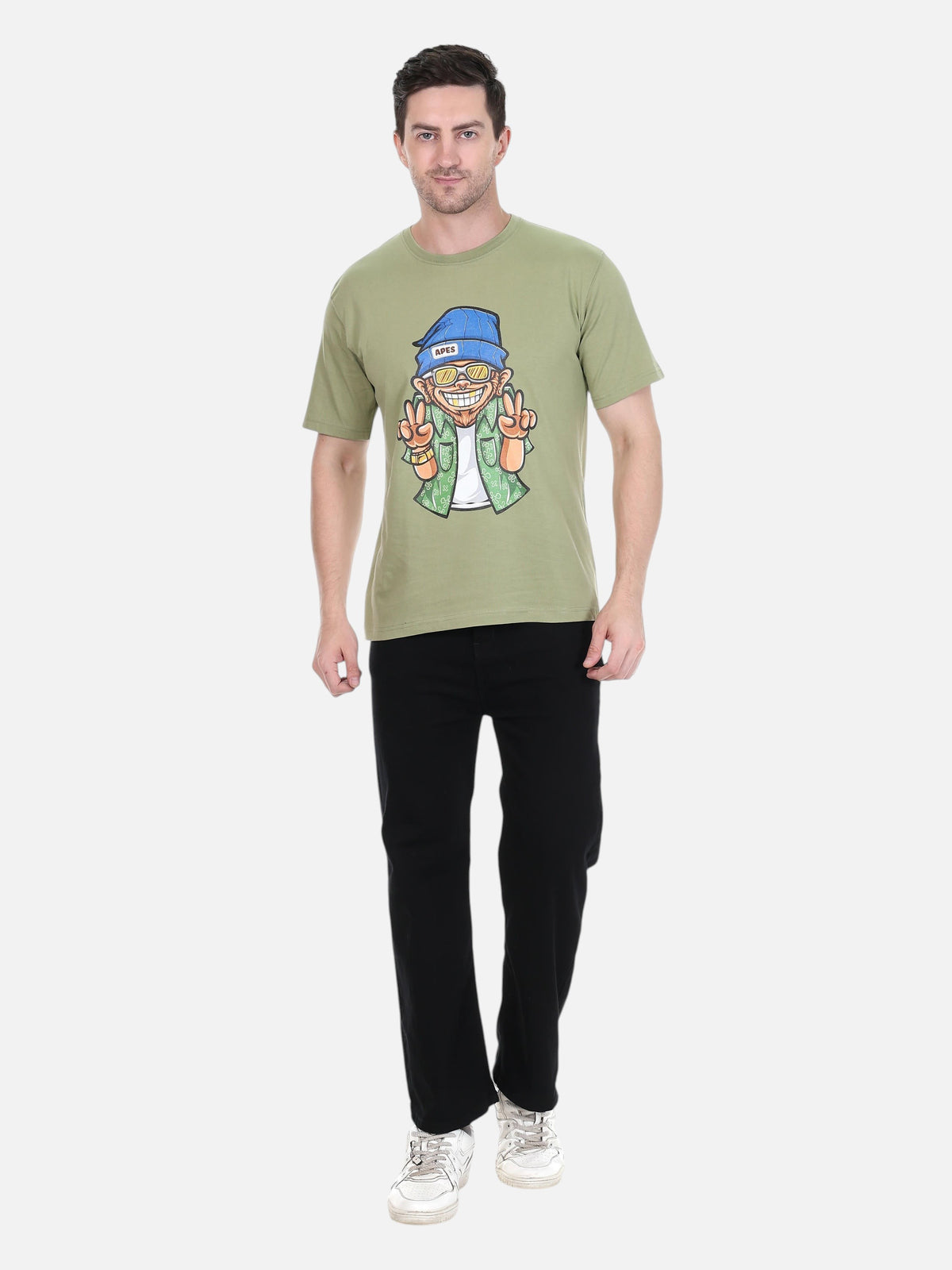 enaay.com olive green cotton t-shirt with a colourful ape peace sign graphic print worn by a male model
