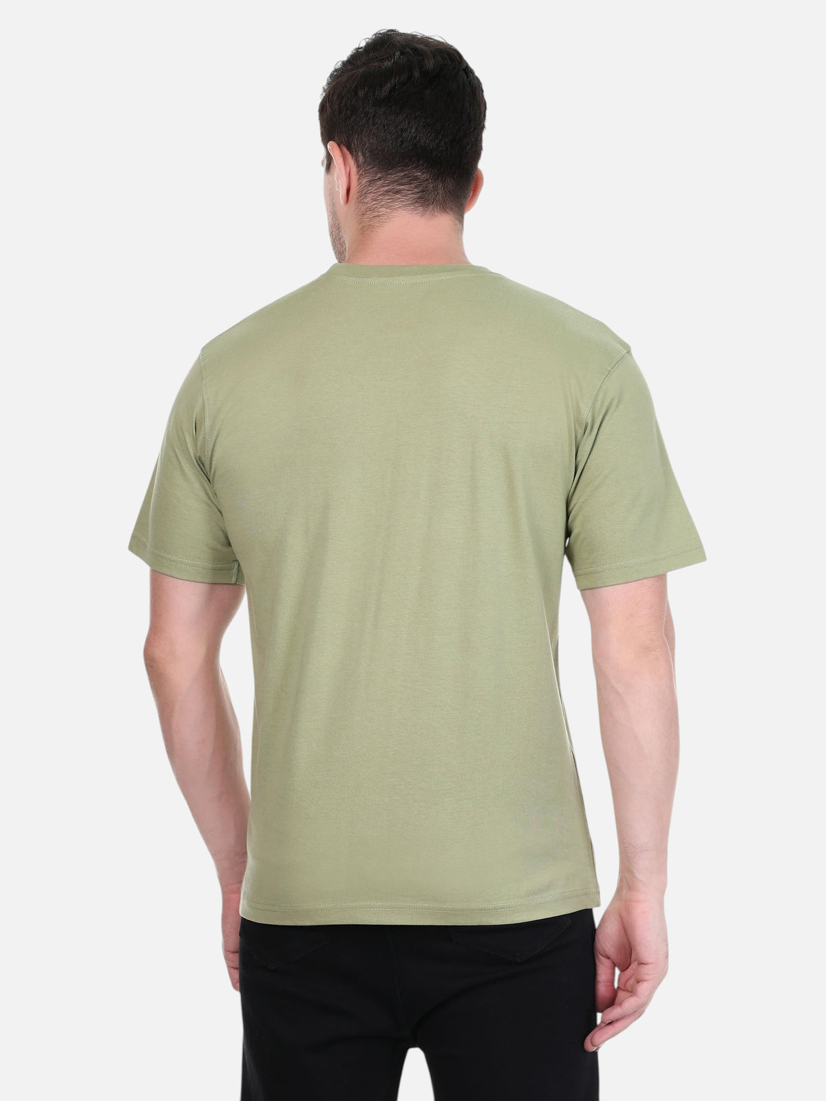 Back view of a man wearing an enaay.com olive green premium cotton crew neck t-shirt with a plain back
