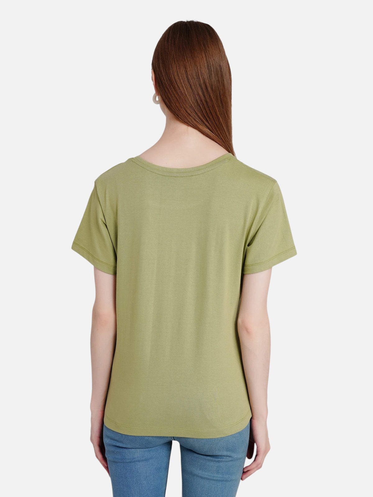 Back view of a woman wearing an enaay.com olive green round neck cotton t-shirt with short sleeves and regular fit.