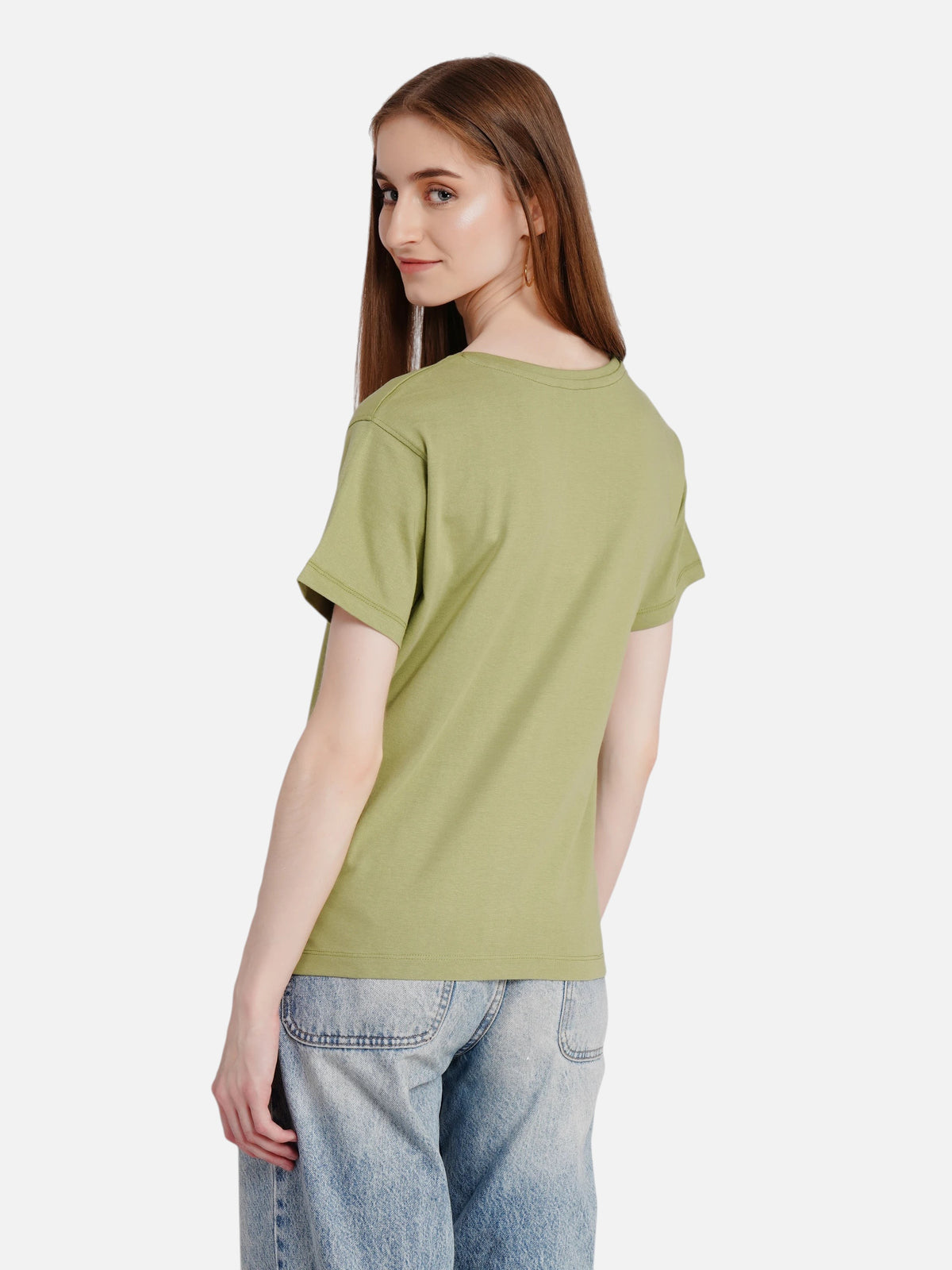enaay.com women's olive green crew-neck cotton t-shirt worn by a model, back view