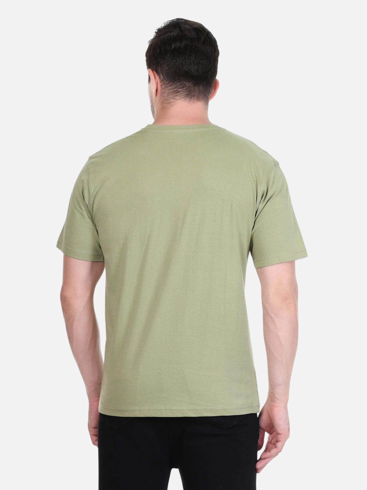 Back view of a man wearing an enaay.com olive green premium cotton round neck t-shirt with short sleeves.