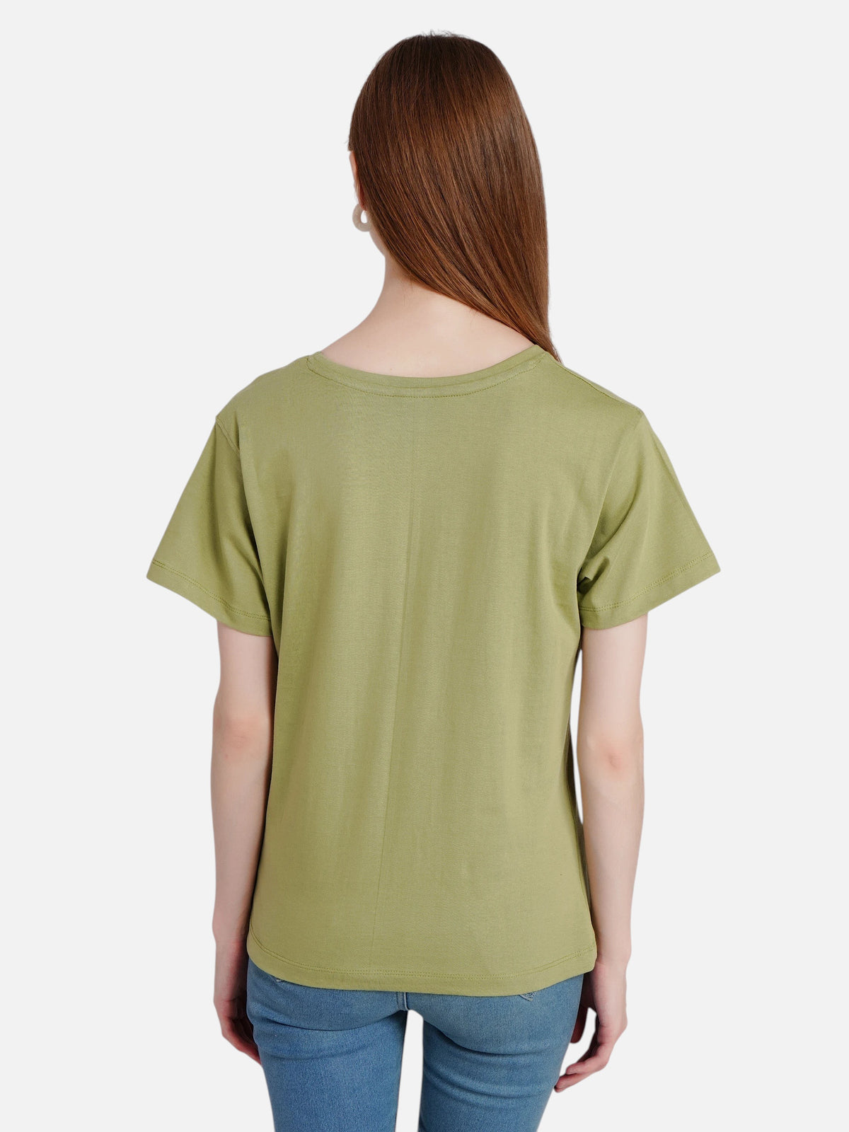 Back view of a woman wearing an enaay.com solid olive green premium cotton short sleeve round neck t-shirt