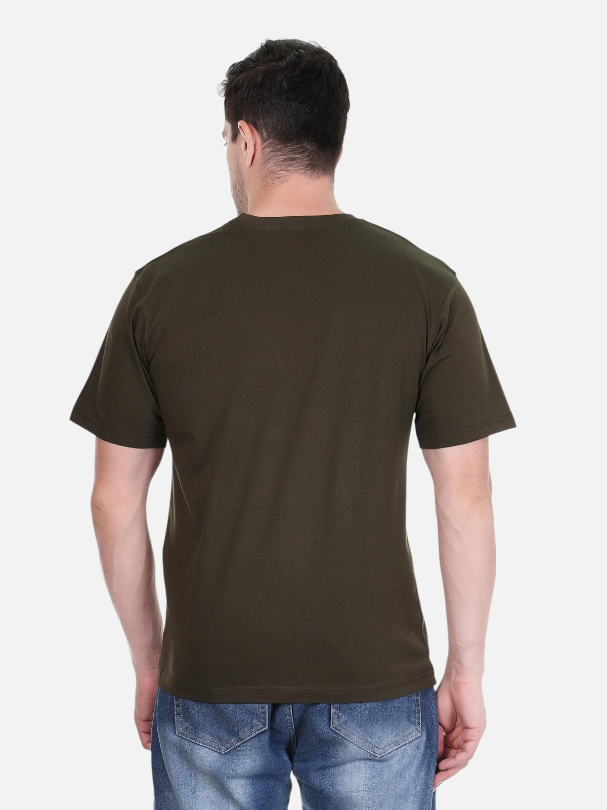 Back view of a man wearing an enaay.com olive green cotton round neck t-shirt with a regular fit and short sleeves.