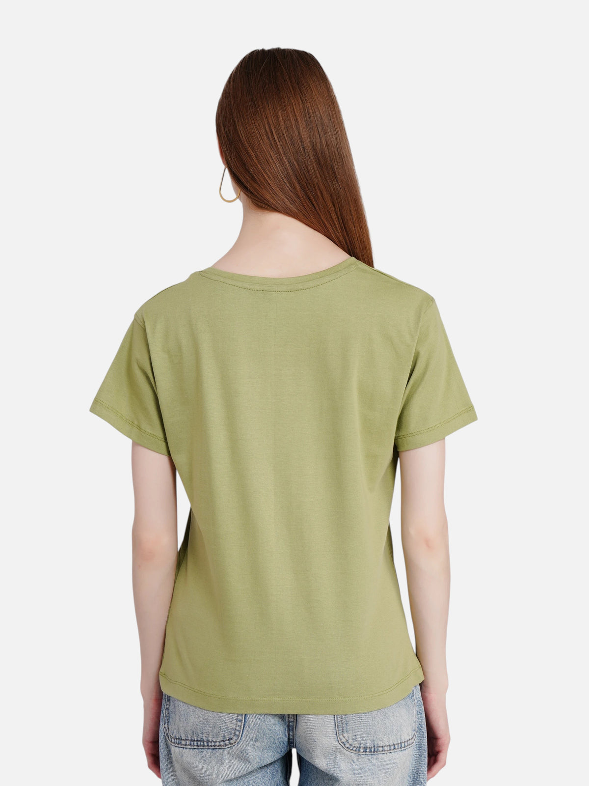 Back view of a woman wearing an olive green enaay.com premium cotton short sleeve round neck t-shirt with jeans