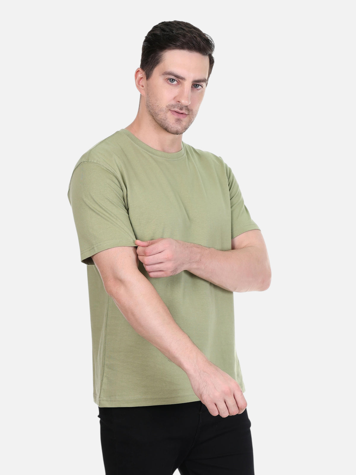 A man wearing an enaay.com olive green premium cotton round neck t-shirt with short sleeves against a white background.