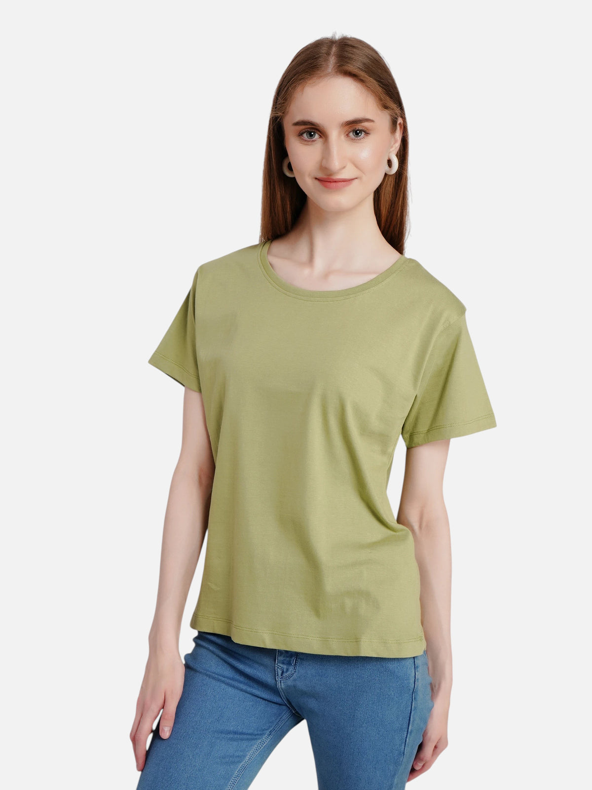 Woman wearing an enaay.com solid olive green short sleeve round neck cotton t-shirt with blue jeans