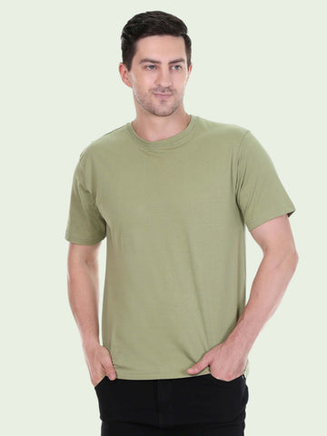 A man wearing an enaay.com olive green premium cotton round neck t-shirt with short sleeves and a regular fit.