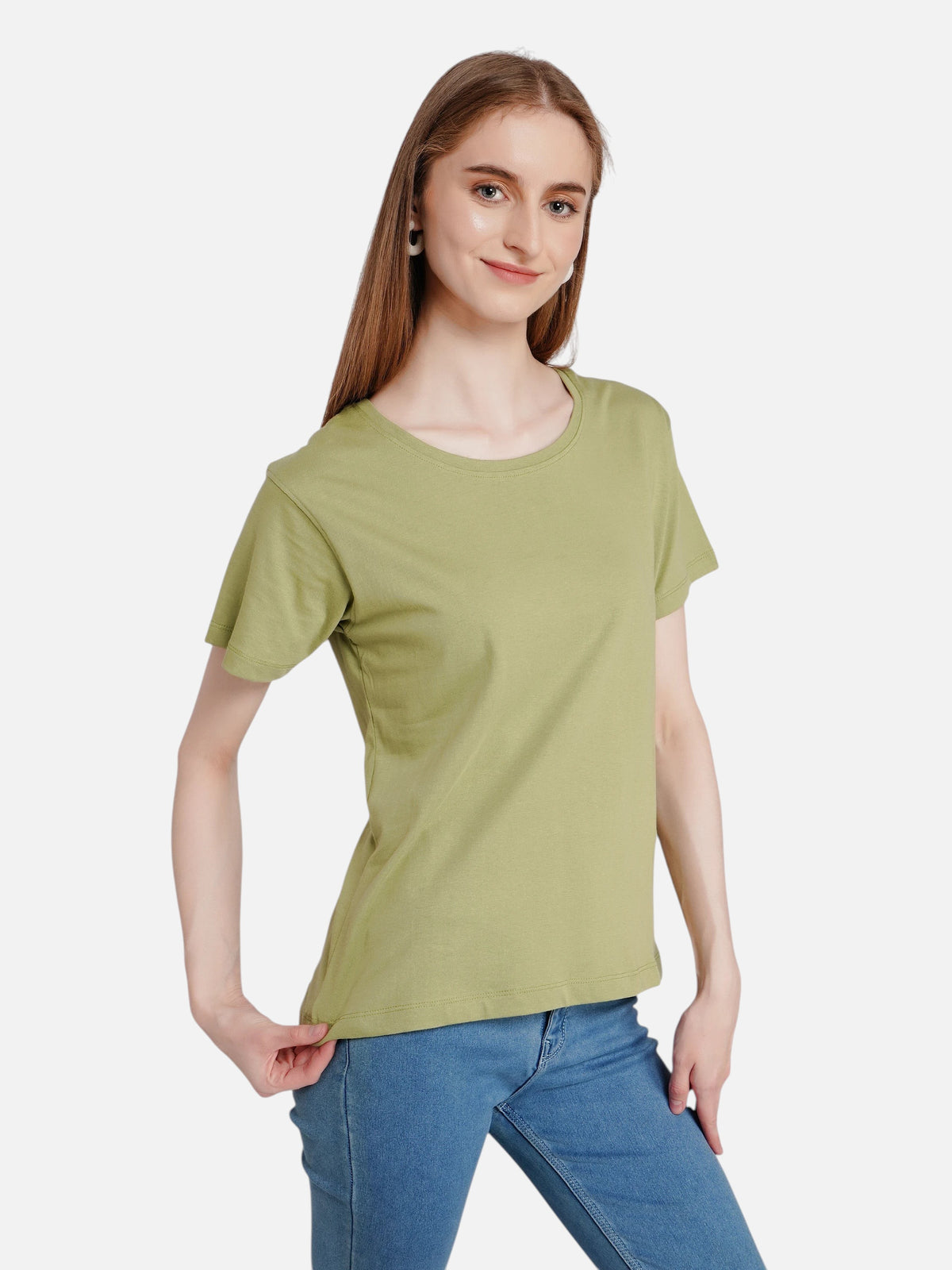 Woman wearing an enaay.com solid olive green premium cotton round neck short sleeve t-shirt with blue jeans