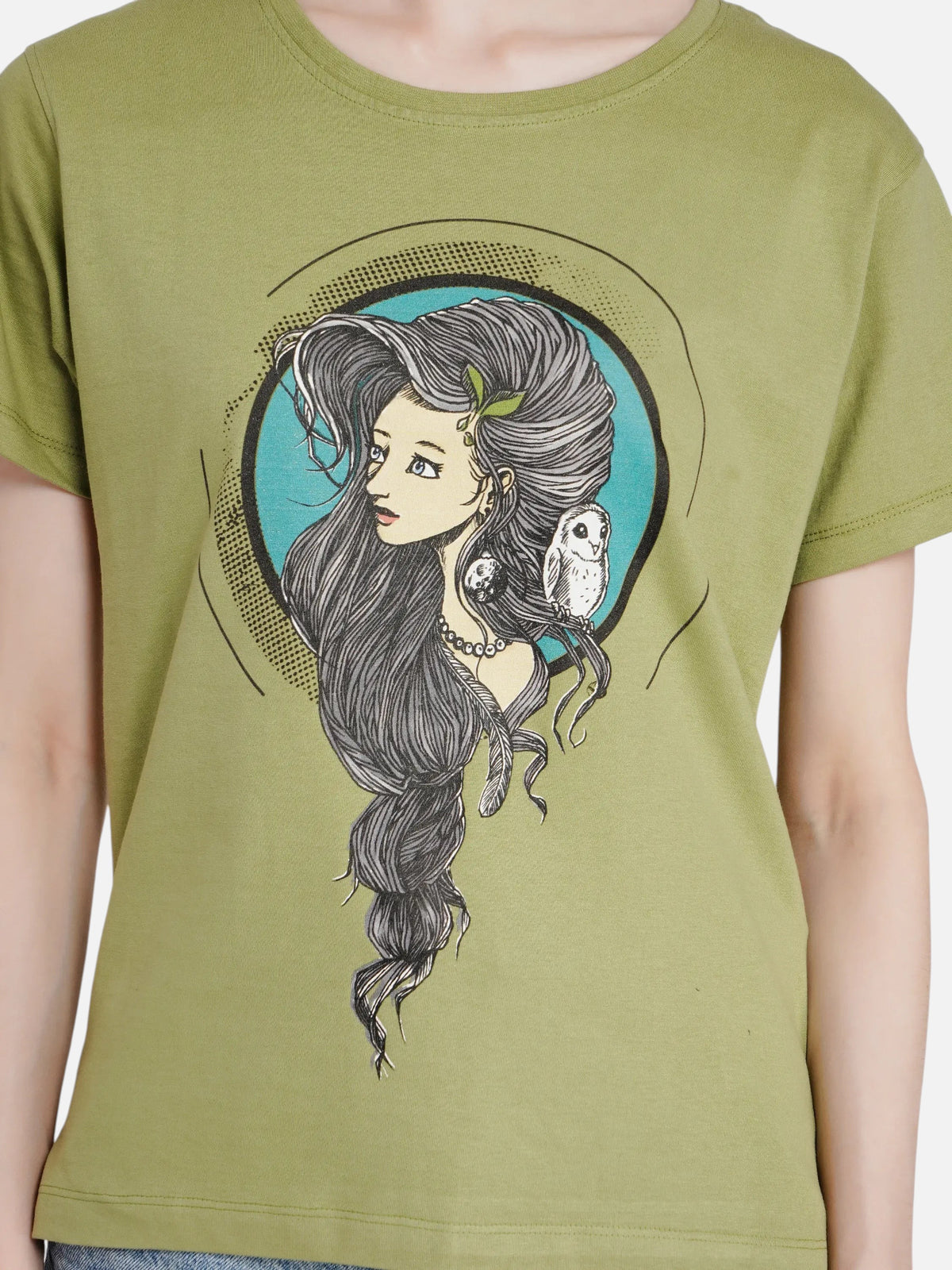 enaay.com olive green cotton t-shirt featuring a Mystic Muse graphic print of a woman with an owl in a circular frame