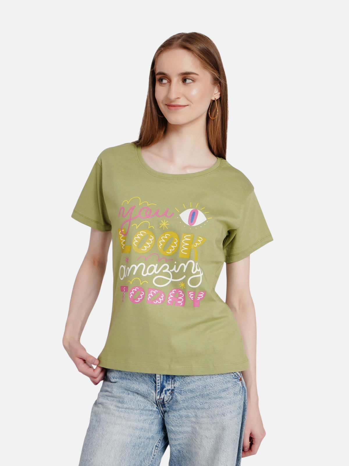 enaay.com olive green cotton graphic t-shirt with You Look Amazing Today print worn by a woman