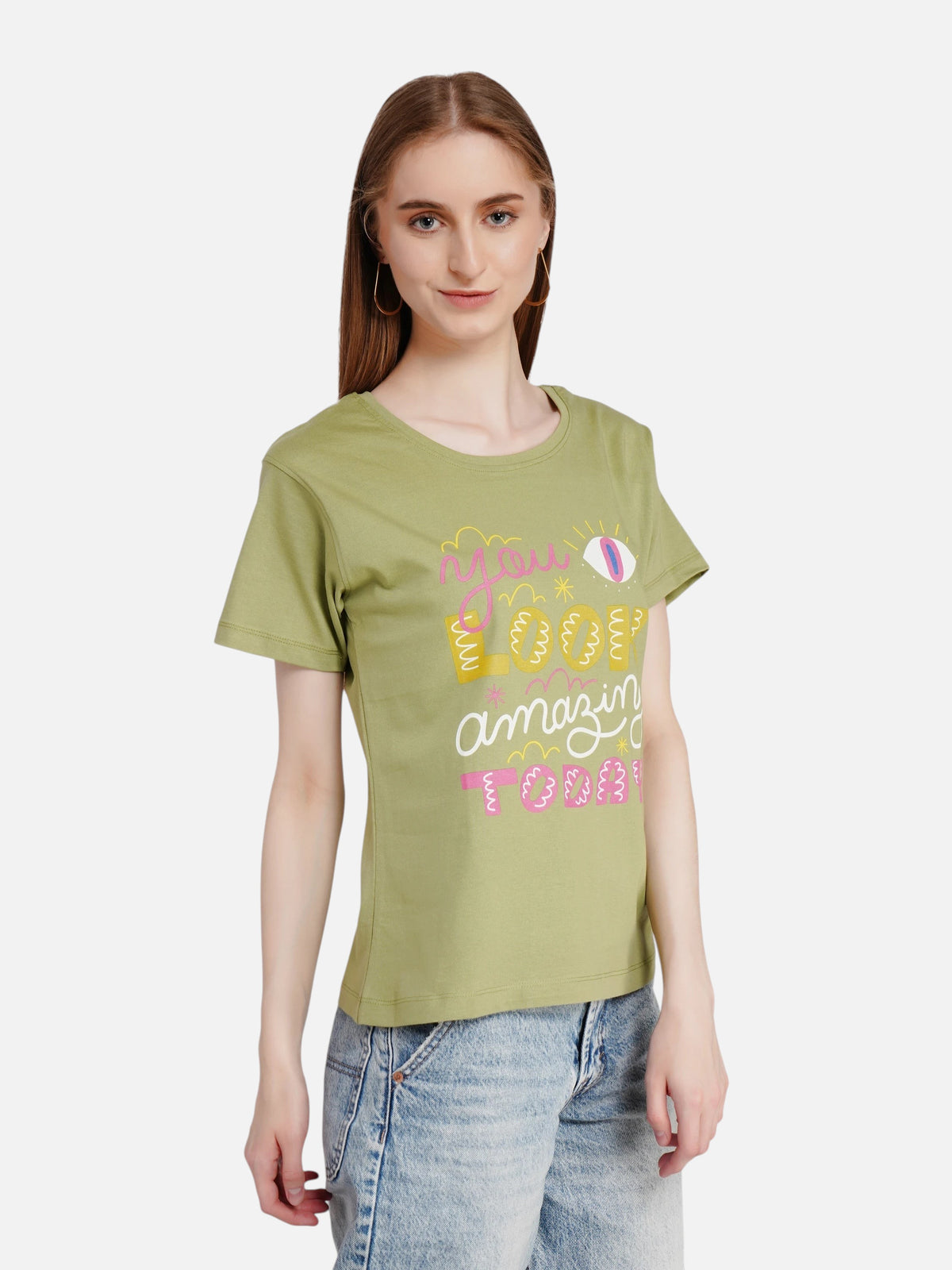 enaay.com olive green cotton t-shirt with You Look Amazing Today graphic print worn by a woman