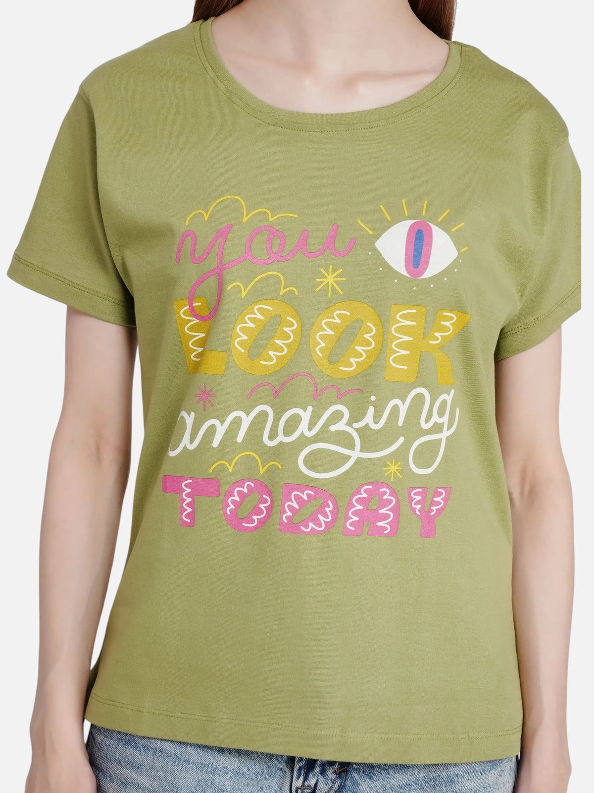enaay.com olive green cotton t-shirt with You Look Amazing Today graphic print, round neck and short sleeves