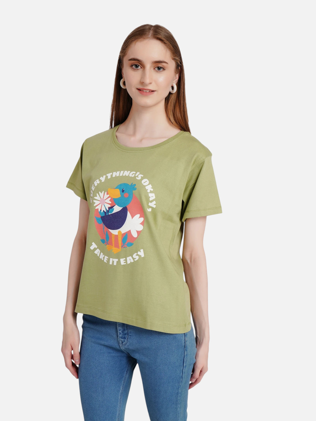 enaay.com olive green cotton t-shirt with a retro toucan graphic print and Everything's Okay Take It Easy text