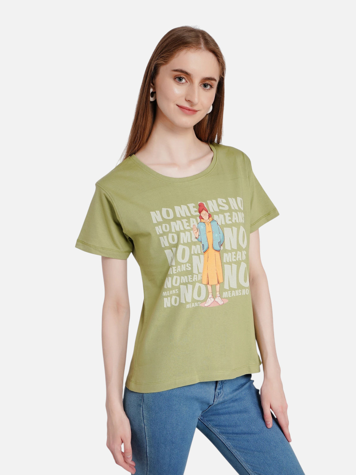 Model wearing an olive green enaay.com cotton t-shirt with a No Means No graphic print and illustrated girl design
