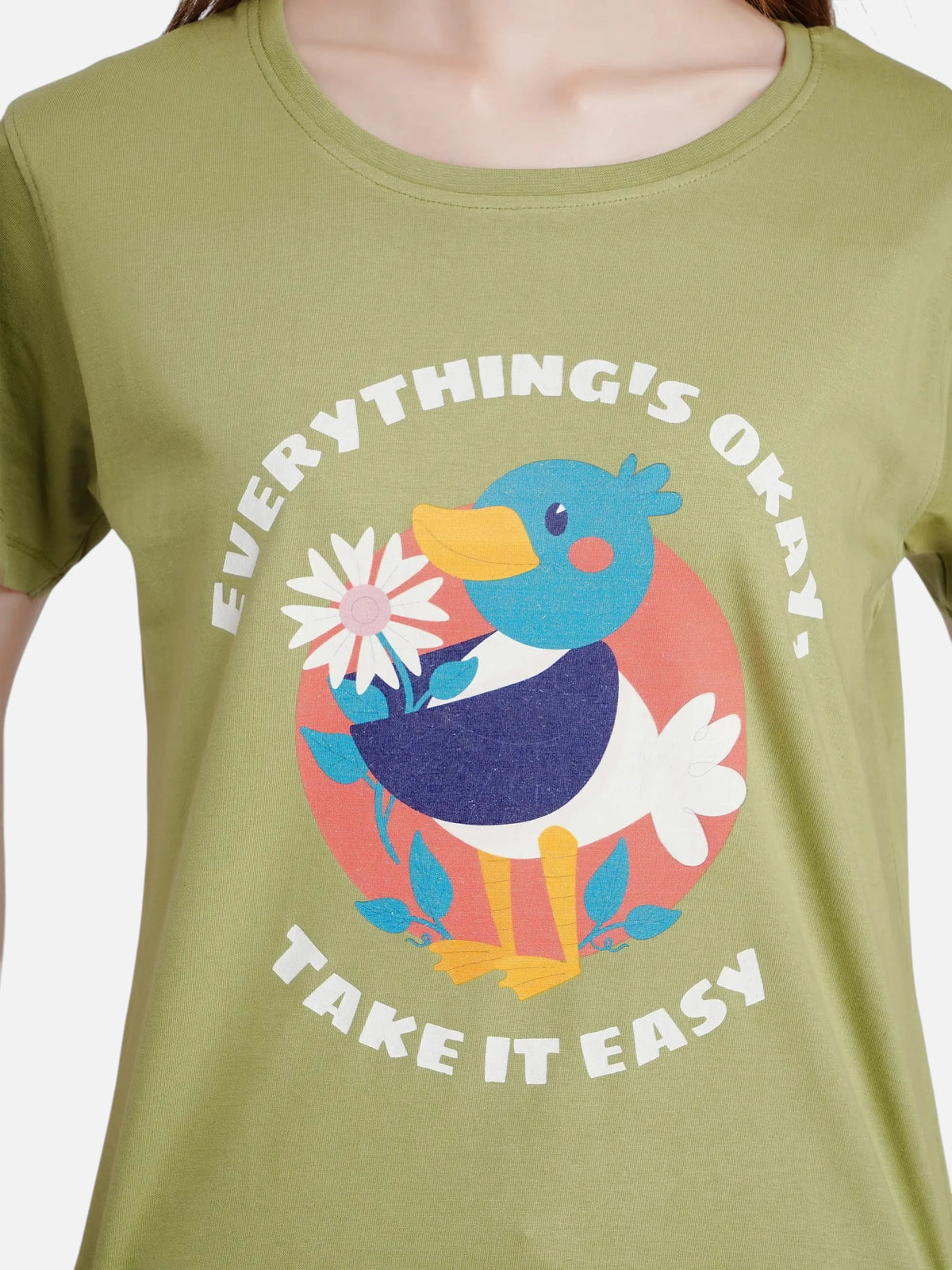 enaay.com olive green cotton round neck t-shirt with a retro toucan and flower graphic print