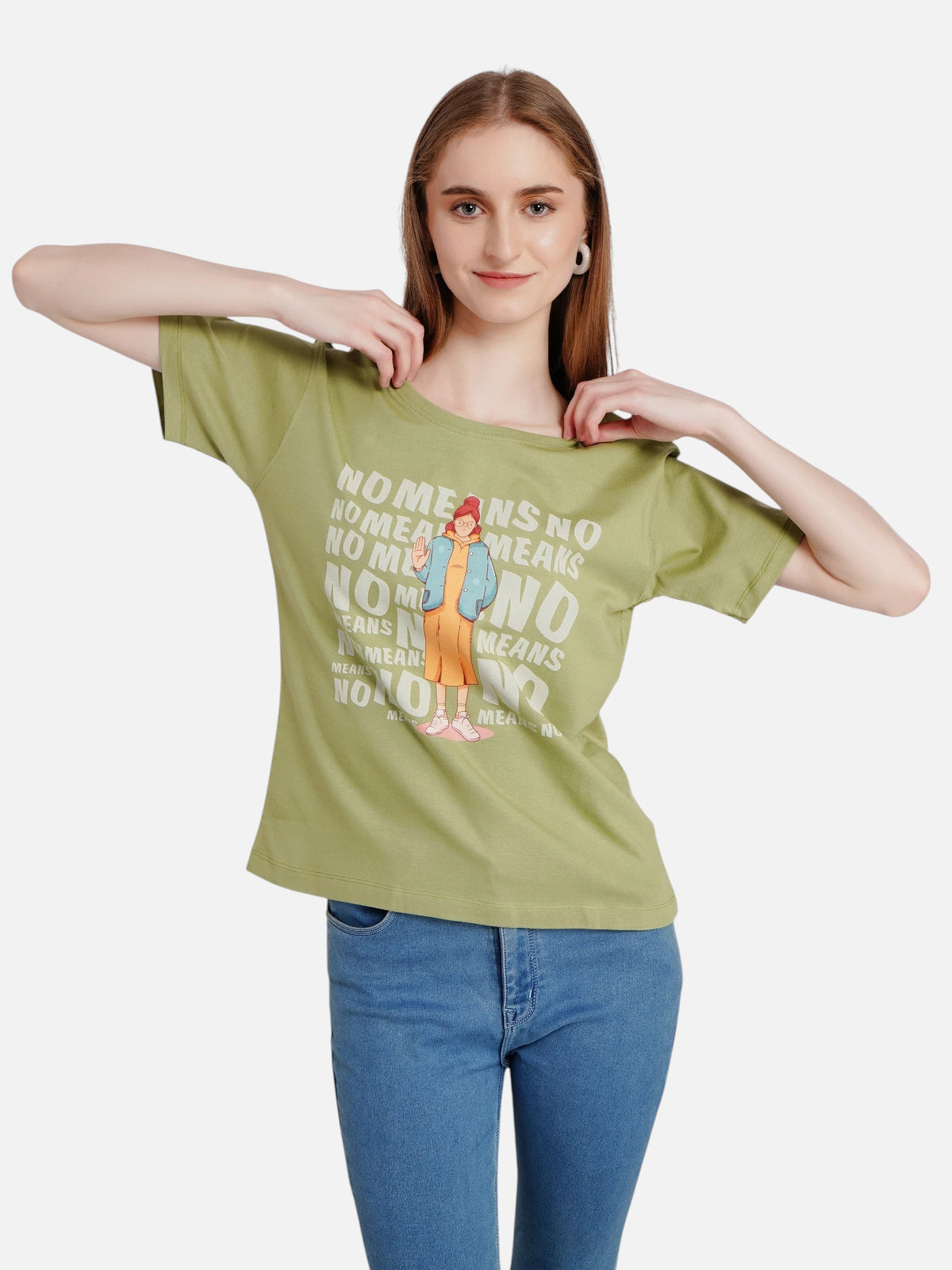 Model wearing an olive green enaay.com cotton t-shirt with a No Means No graphic print and illustrated girl design.