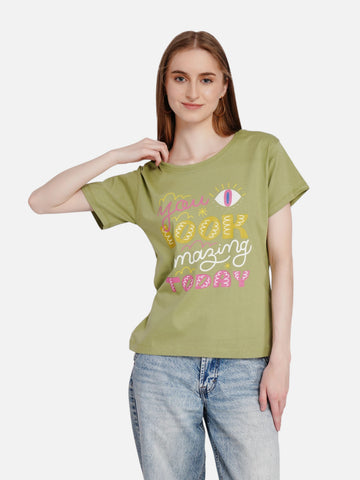 enaay.com olive green cotton graphic t-shirt with You Look Amazing Today print worn by a woman