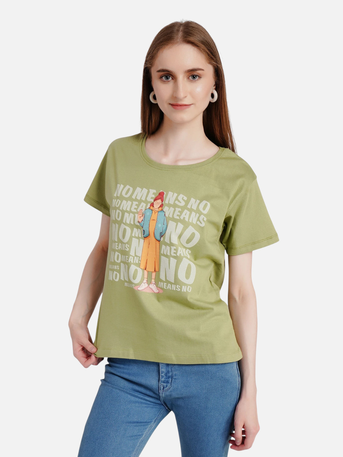 Model wearing an enaay.com olive green cotton crew neck t-shirt with a No Means No graphic print and girl illustration