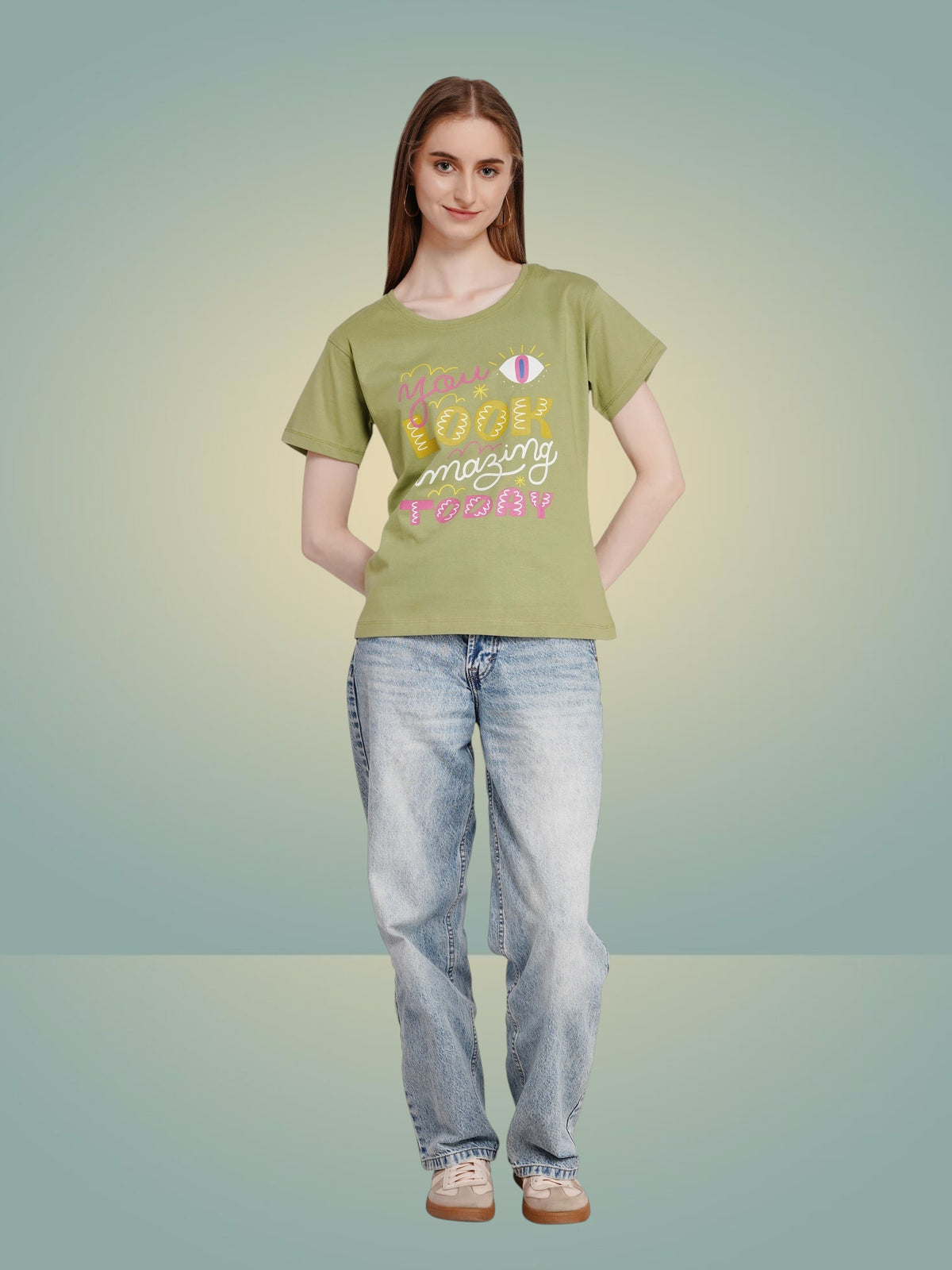 enaay.com olive green cotton graphic t-shirt with You Look Amazing Today print worn by a woman with blue jeans
