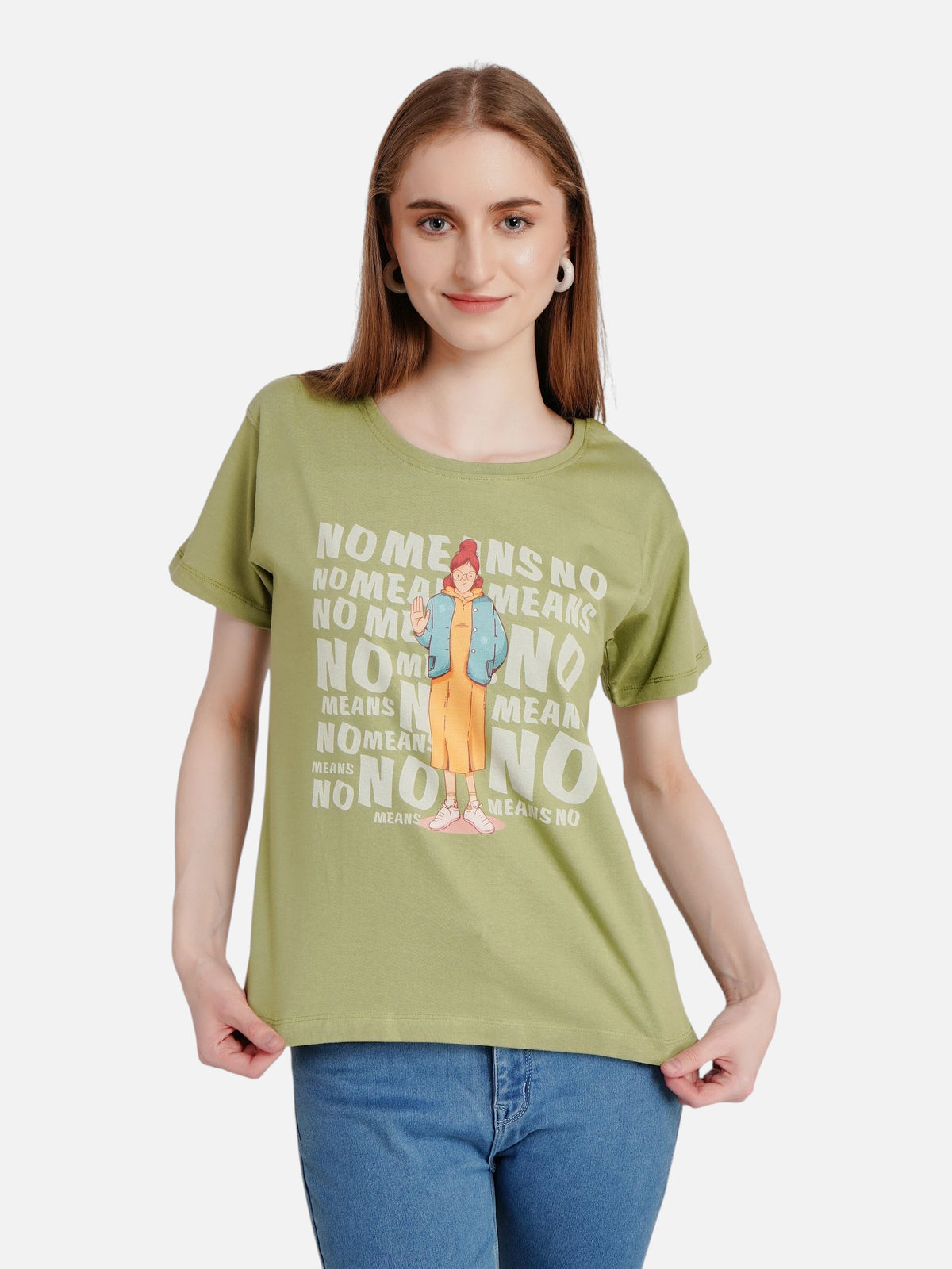 Model wearing an enaay.com olive green cotton t-shirt with a No Means No graphic print and illustrated girl design.