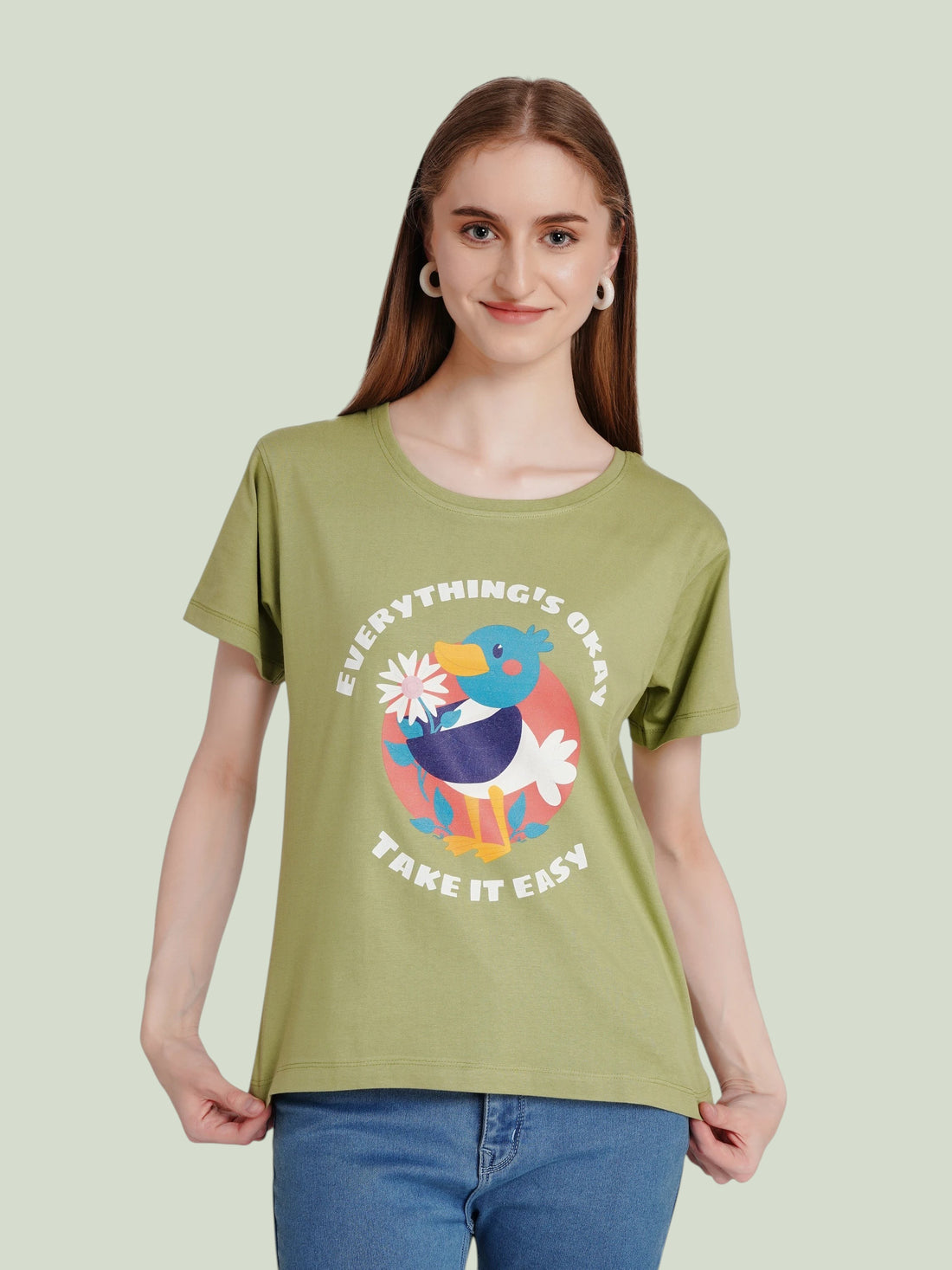 enaay.com olive green cotton t-shirt with a retro toucan graphic print and Everything's Okay Take It Easy text